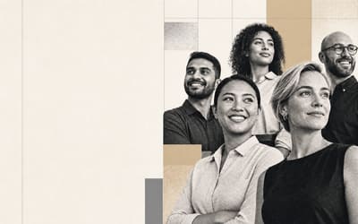 A diverse group of professionals presented in an editorial halftone treatment